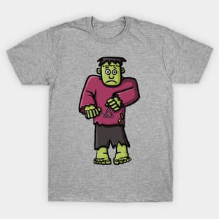 Funny musician Frankenstein cartoon playing the triangle cute halloween autumn digital illustration T-Shirt
